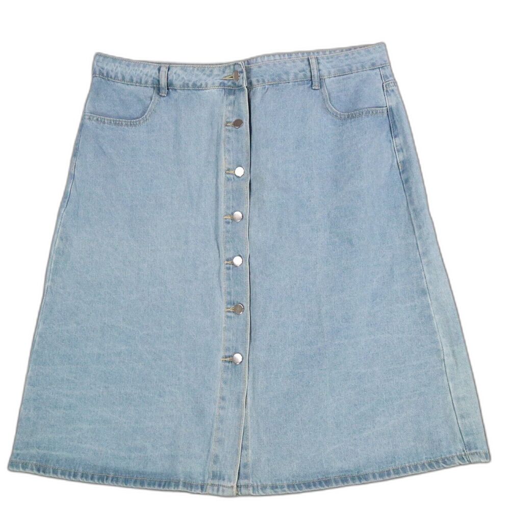 Denim Button Down A-Line  Midi Skirt Blue Size 2X Shein
